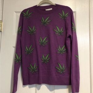 Vibrant Purple Crewneck Sweater with Green Leaf Design